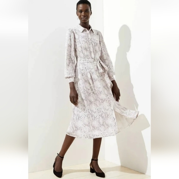 LOFT Dresses & Skirts - LOFT Snake Print Tie Waist Midi Lavender Beige Dress Size 2